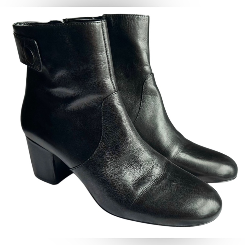 Nine West Black Leather Ankle Boots Block Heel Zip Booties Women’s Size 8.5
